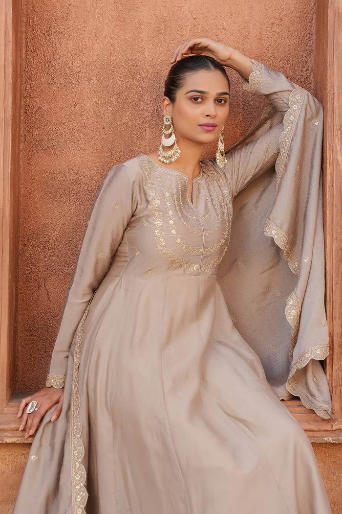 Beige Embroidered Vichitra Silk Anarkali Suit Set