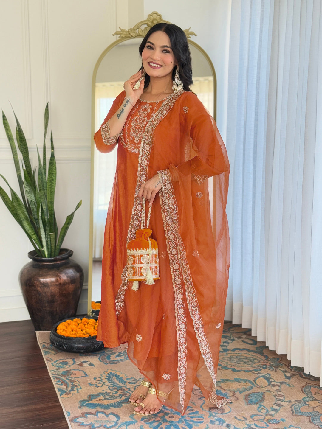 Rust Orange Silk Embroidered Flared Anarkali Kurta Set