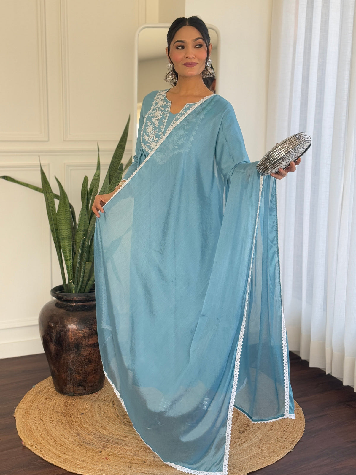 Sky Whisper Vichitra Anarkali Kurta Pant Set