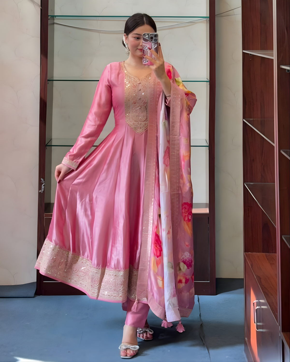 Blush Pink Anarkali Kurti, Pant & Dupatta Ensemble