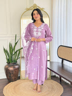 Lavender Cotton Embroidered Kurta Pant Set