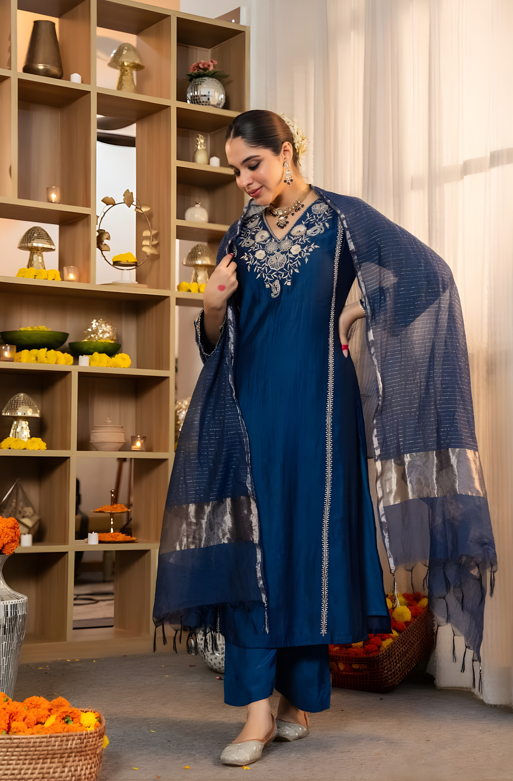 Deep Navy Embellished Kurti, Pant & Dupatta Ensemble