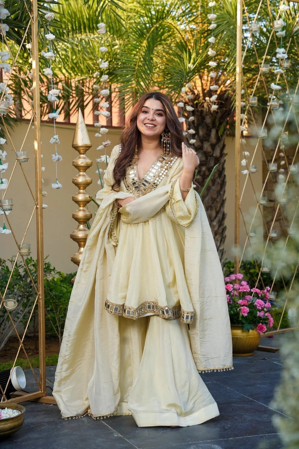 Ivory Mirror Work Star Georgette Sharara Suit Set