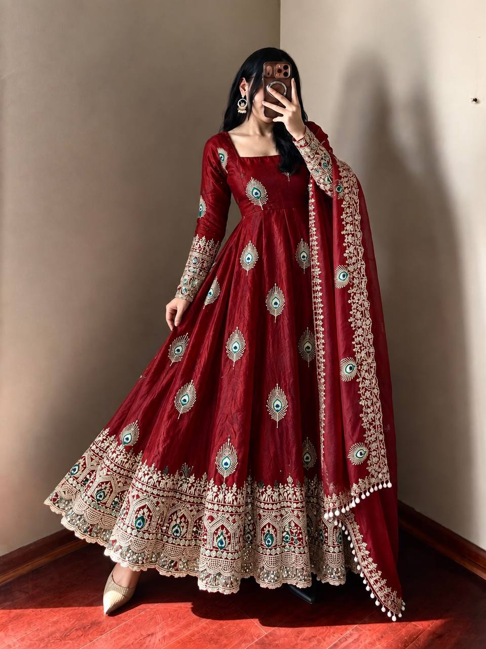 Wine Berry Silk Embellished Anarkali Gown