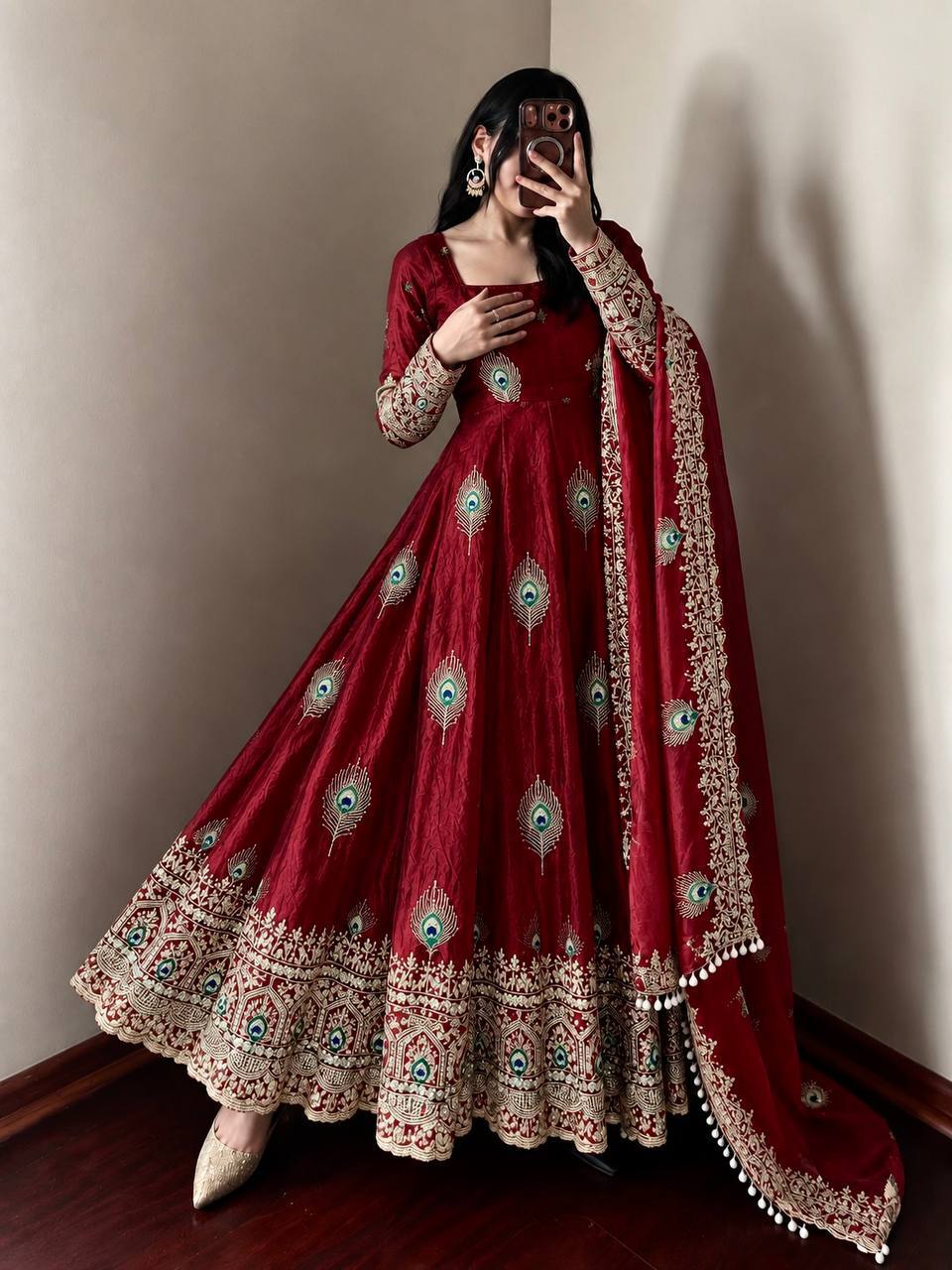 Wine Berry Silk Embellished Anarkali Gown