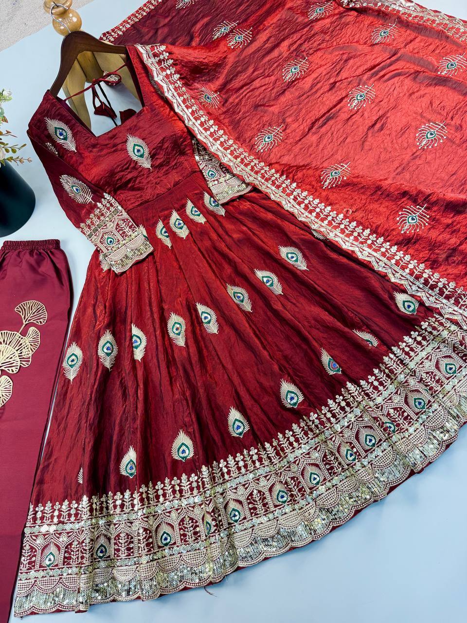 Wine Berry Silk Embellished Anarkali Gown