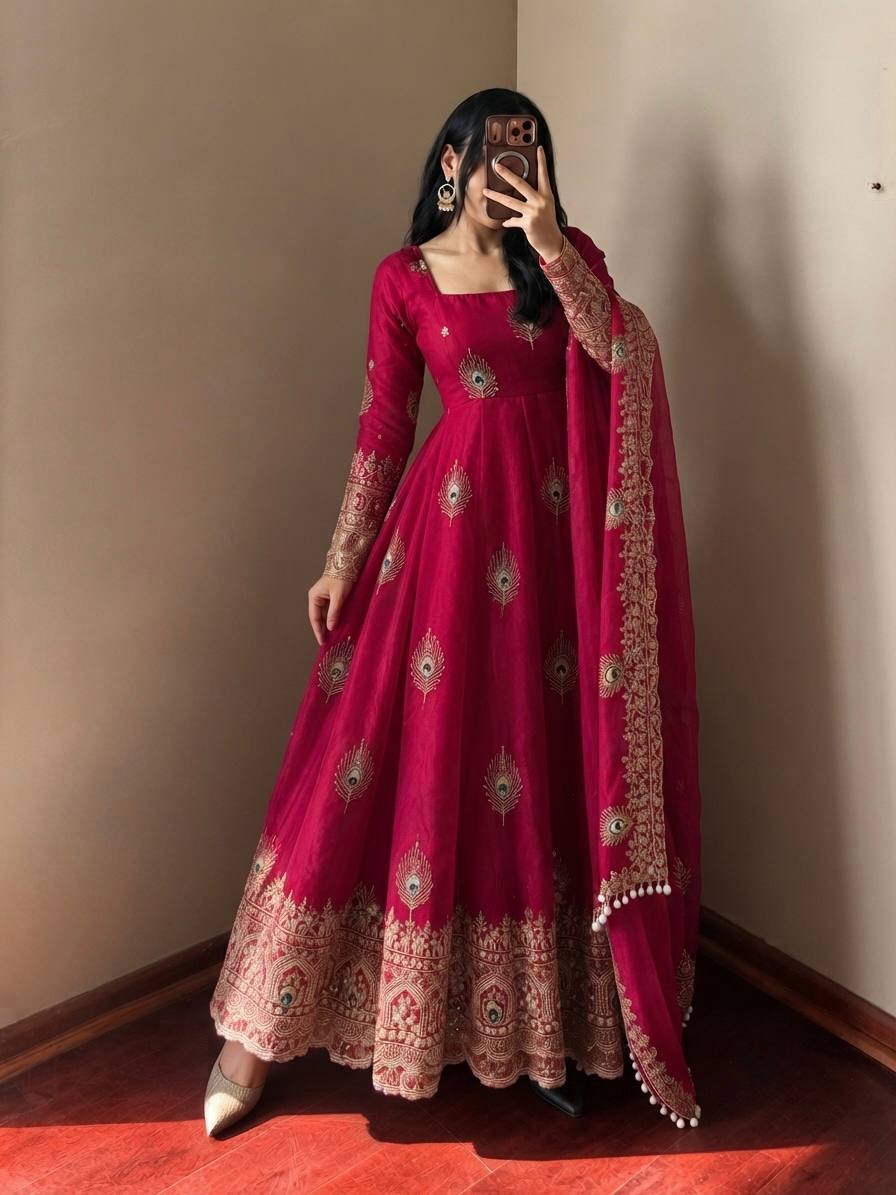 Fuchsia Rose Silk Embellished Anarkali Gown