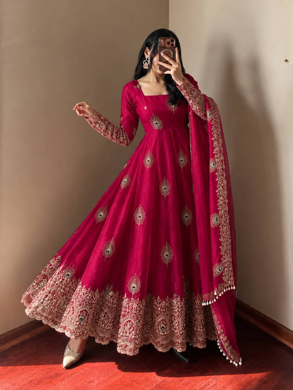 Fuchsia Rose Silk Embellished Anarkali Gown