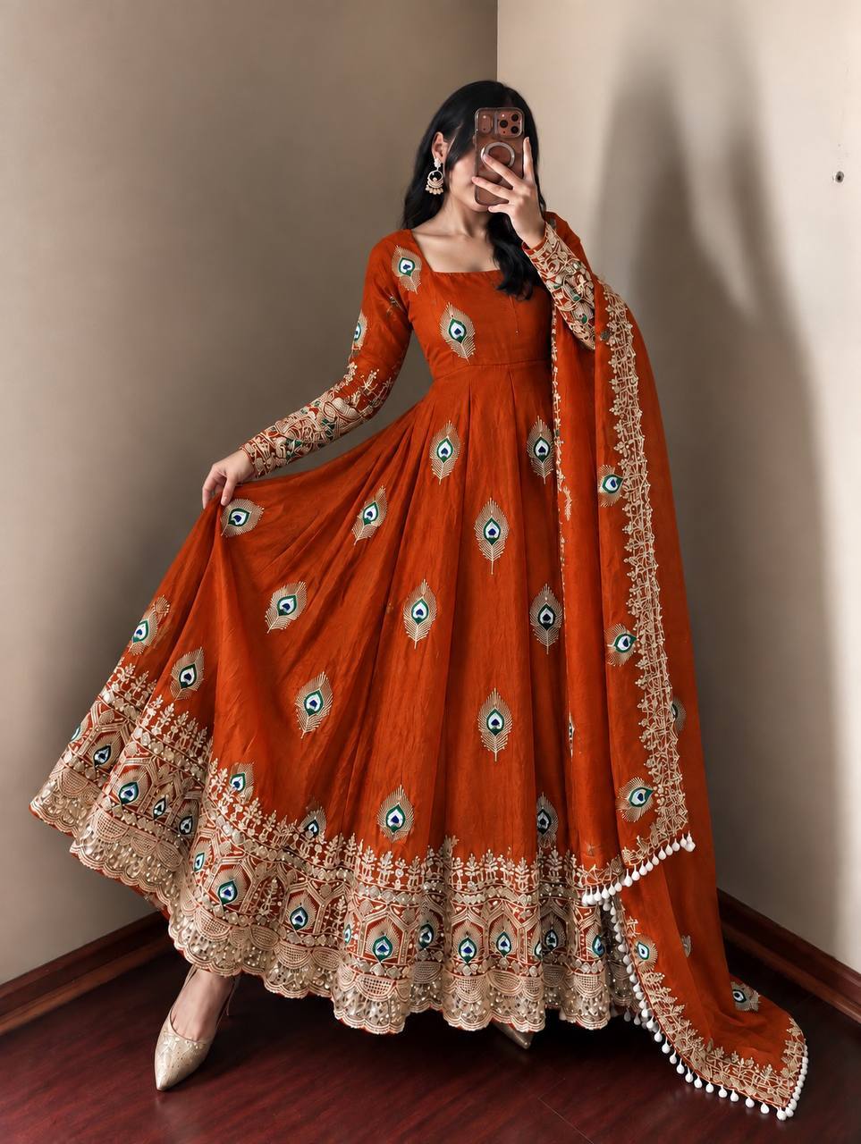 Burnt Rust Silk Embellished Anarkali Gown