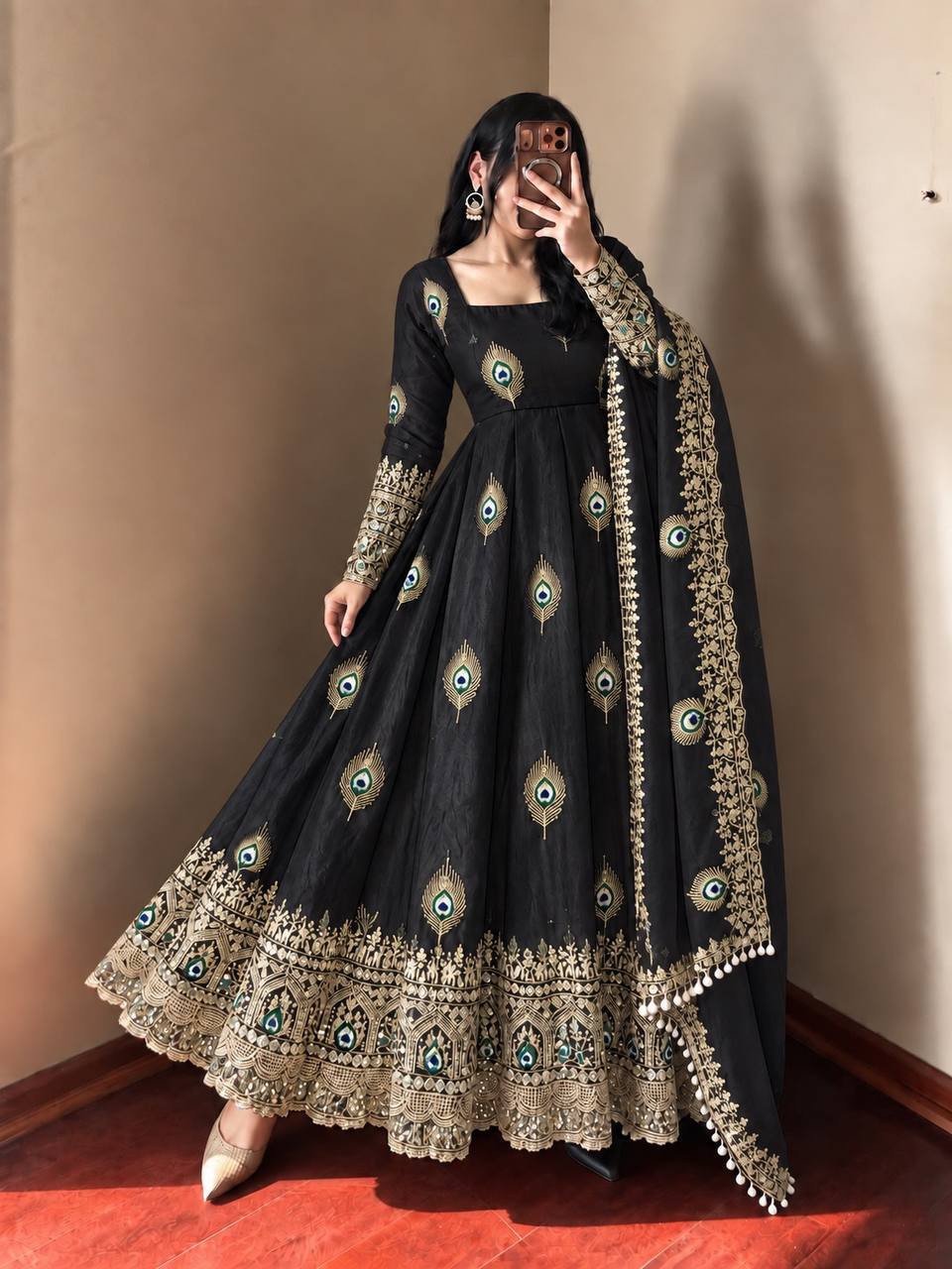 Midnight Black Silk Embellished Anarkali Gown