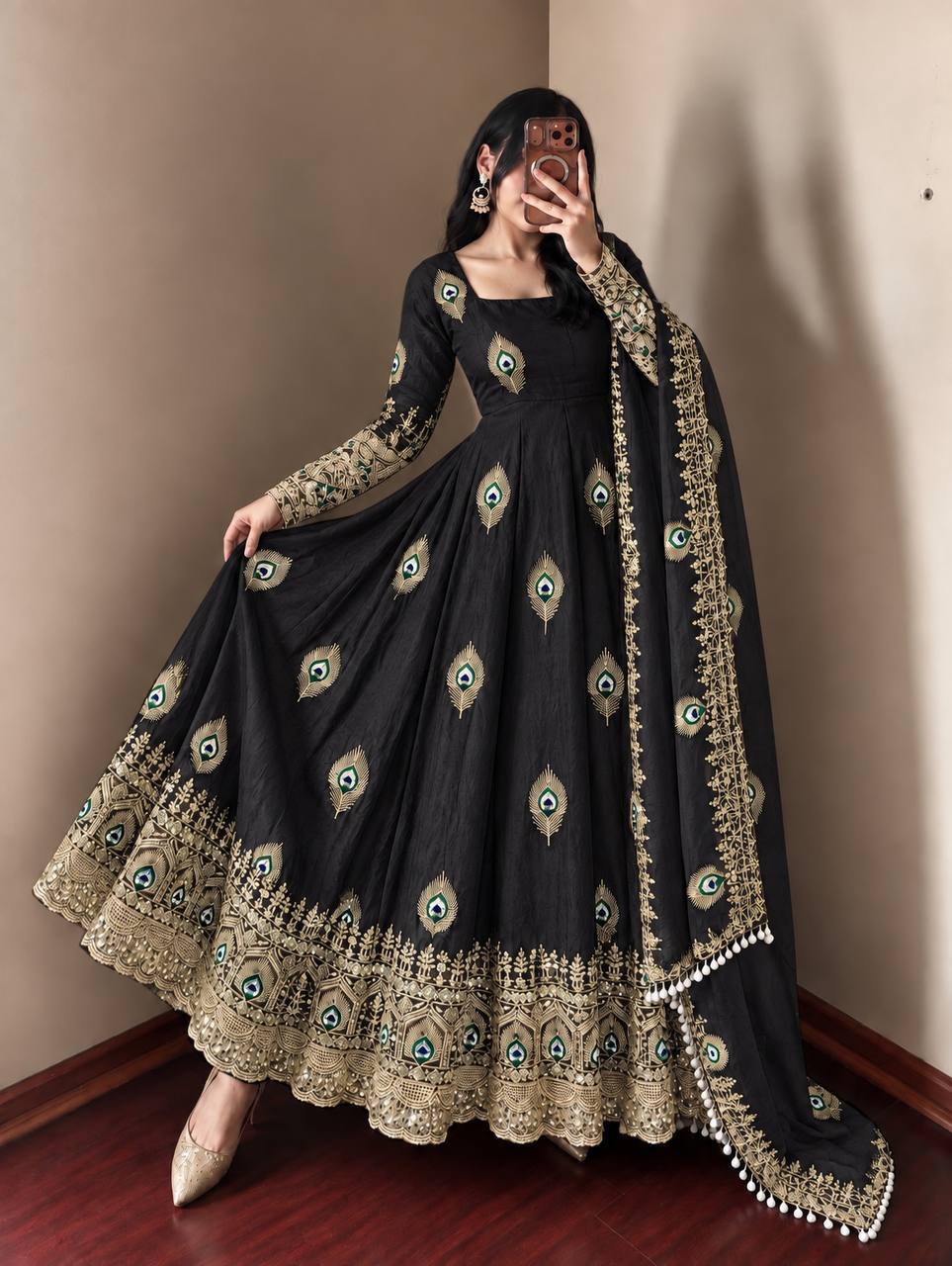Midnight Black Silk Embellished Anarkali Gown