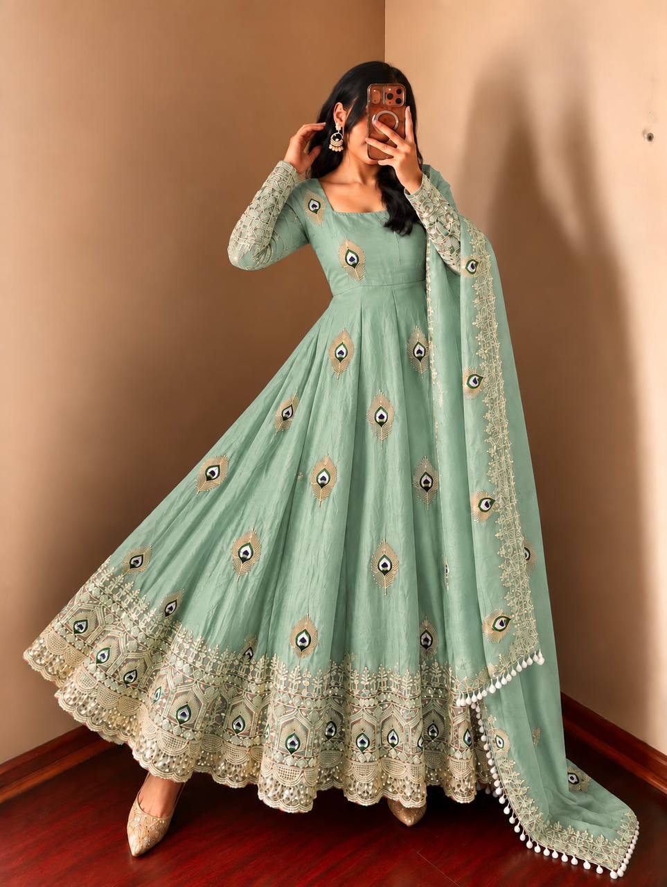 Mint Sage Embellished Anarkali Gown