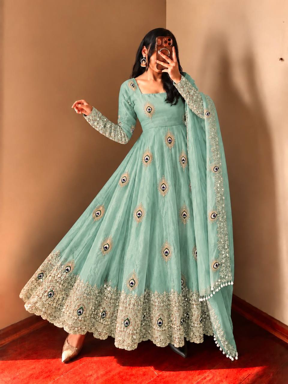 Mint Sage Embellished Anarkali Gown