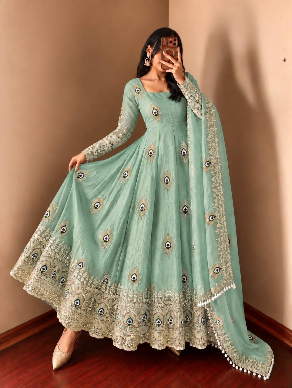 Mint Sage Embellished Anarkali Gown