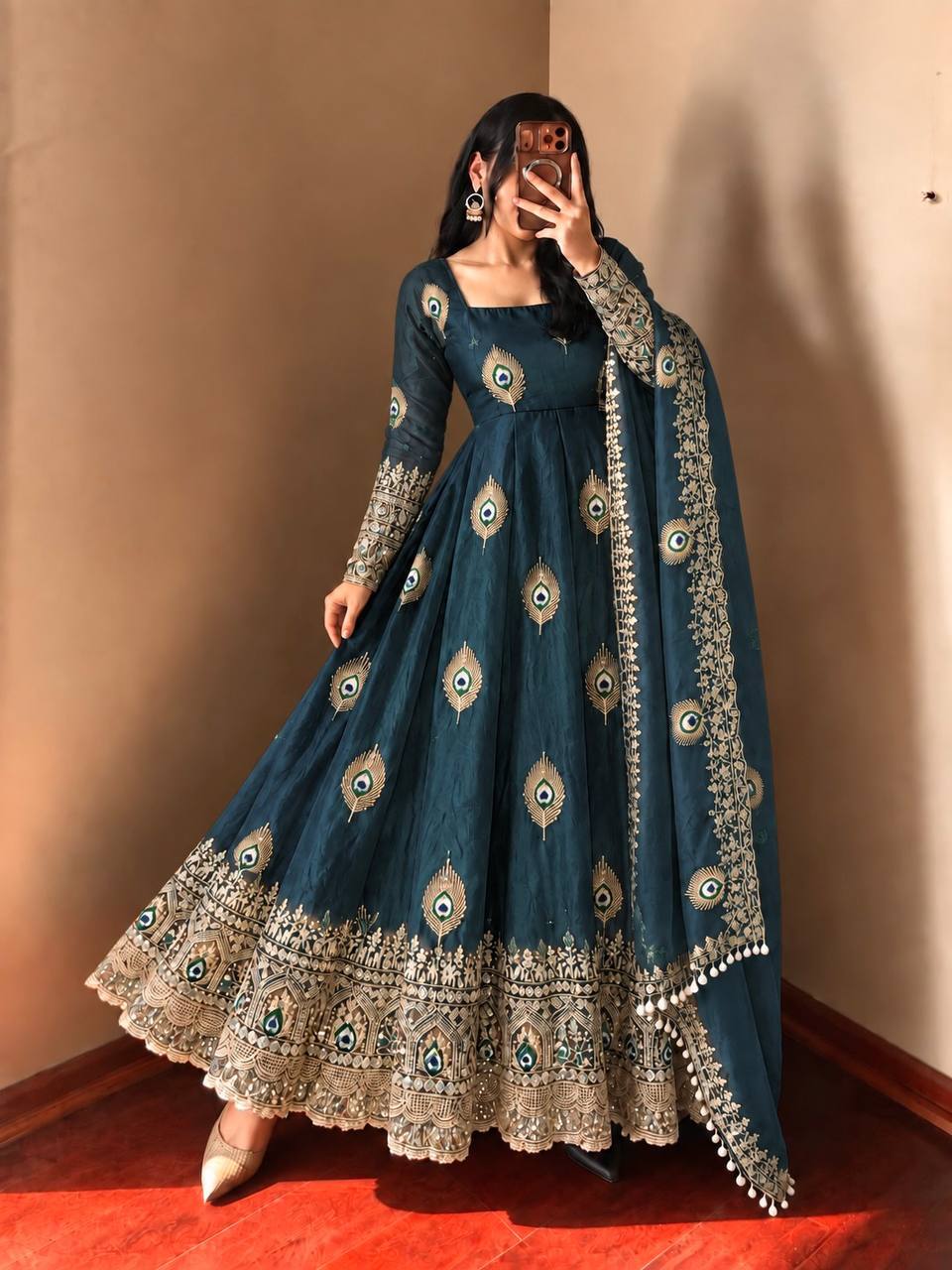 Teal Azure Silk Embellished Anarkali Gown