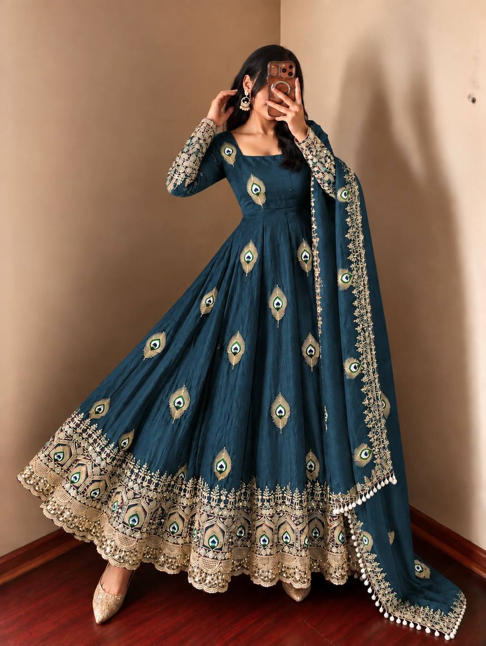 Teal Azure Silk Embellished Anarkali Gown