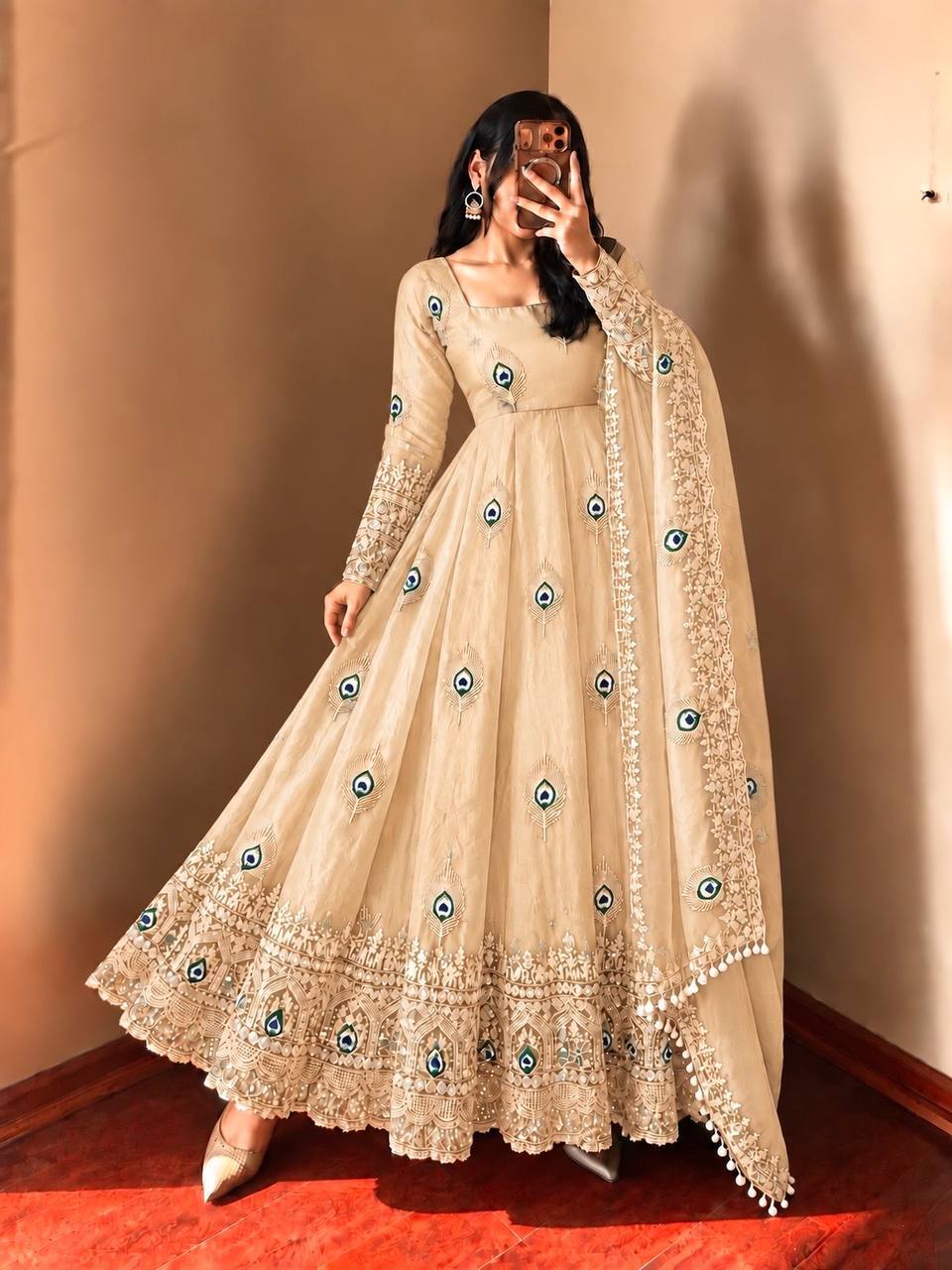 Soft Cream Silk Embellished Anarkali Gown