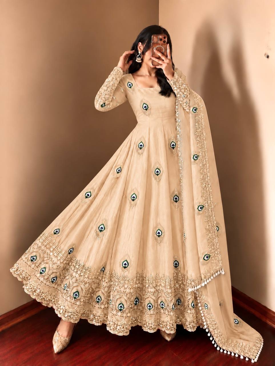 Soft Cream Silk Embellished Anarkali Gown