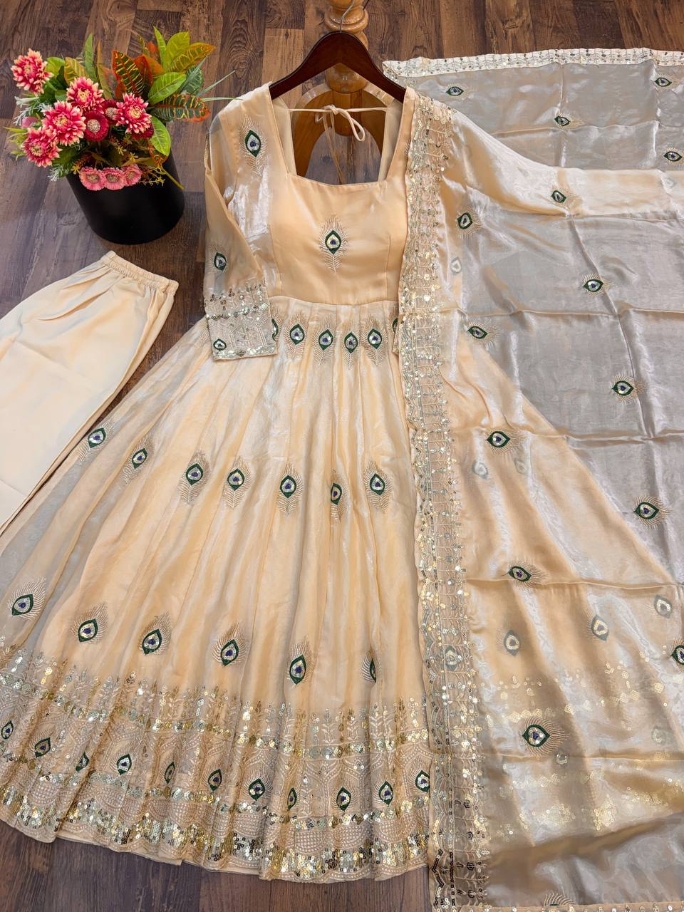 Cream Silk Embroidered Anarkali Gown