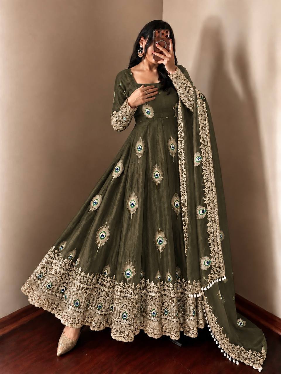 Olive Green Silk Embroidered Anarkali Gown