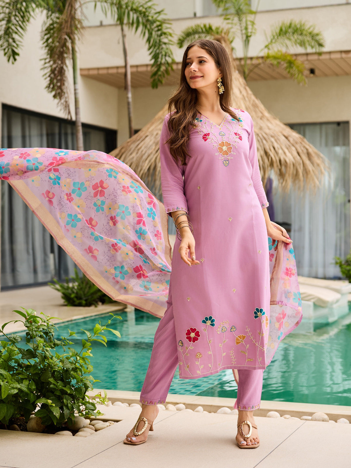 Blush Pink Viscose Gadhwal Embellished Kurta, Pant & Dupatta Ensemble