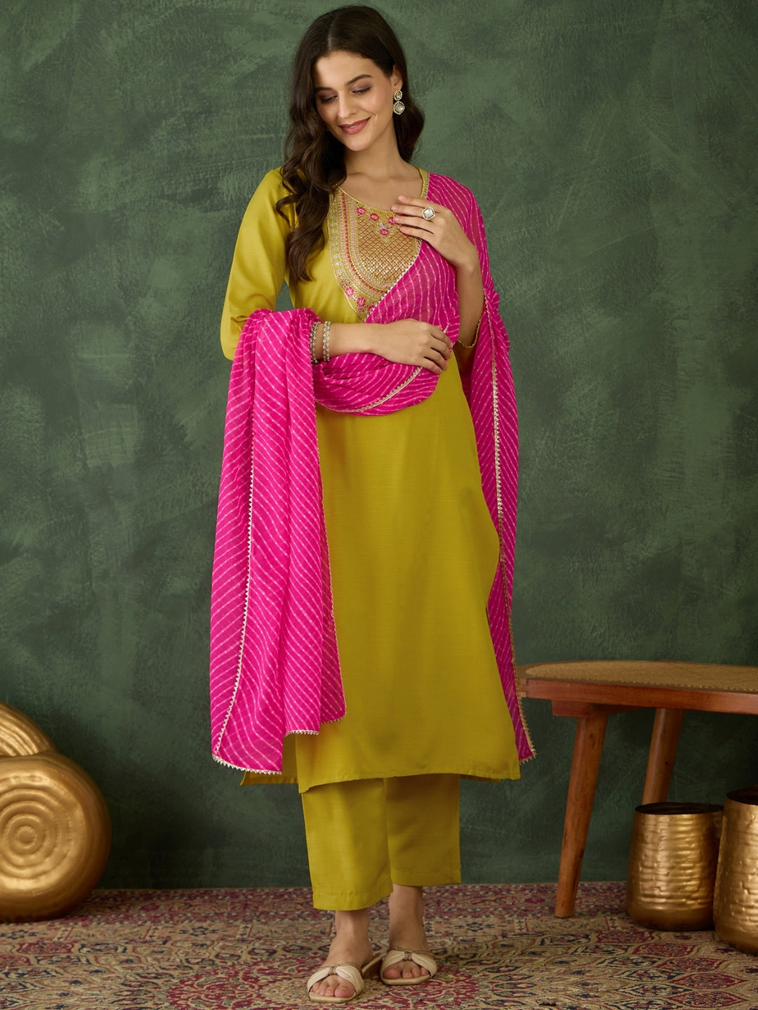 Lime Green Embroidered Chanderi Suit Sets