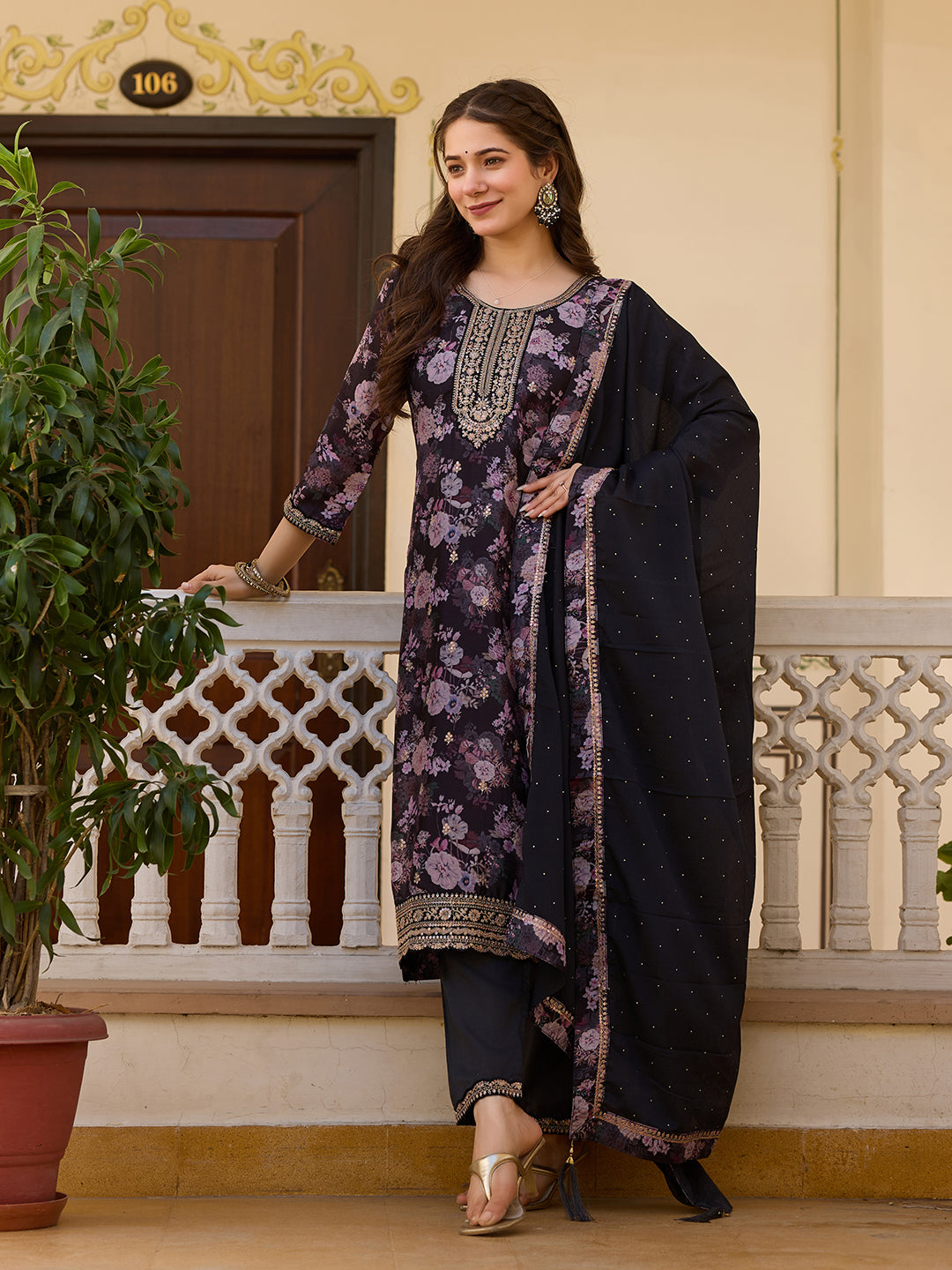 Black Floral Printed Suit Sets