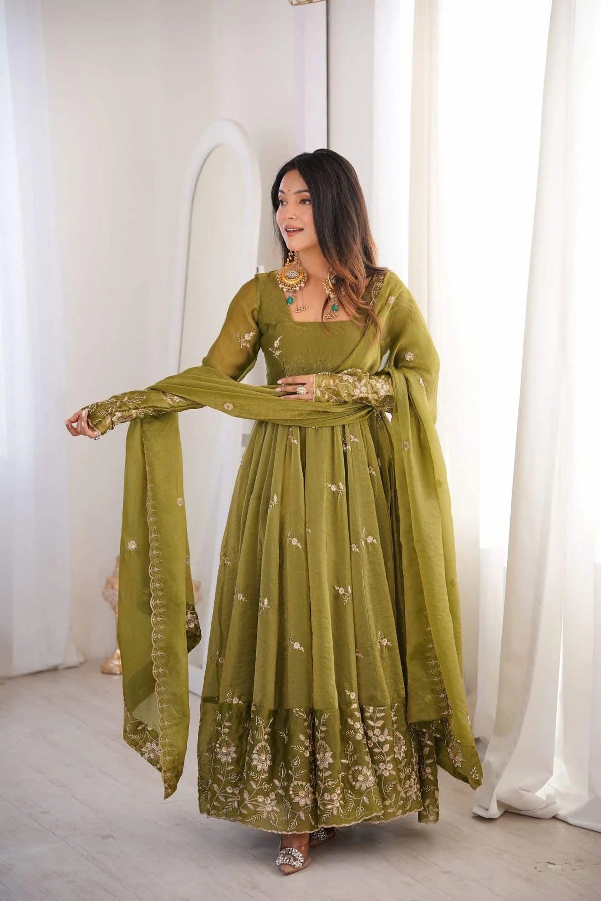 Olive Green Crunchy Silk Anarkali Suit Set