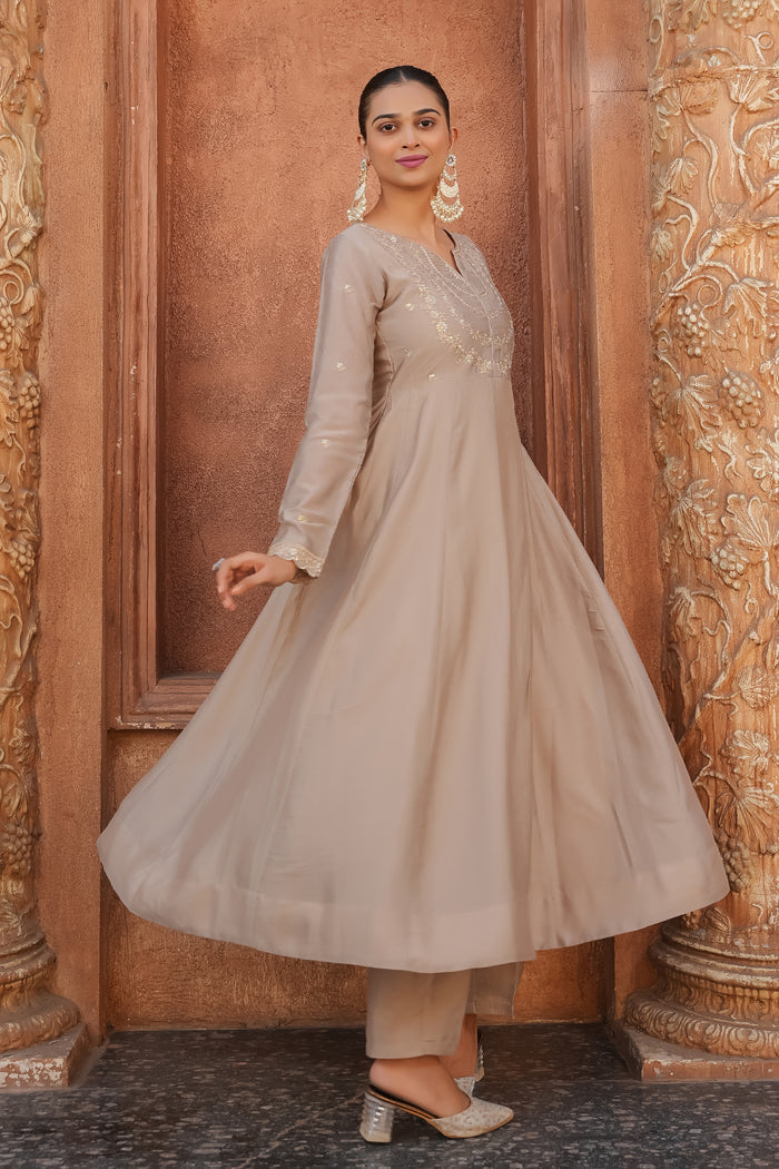 Beige Embroidered Vichitra Silk Anarkali Suit Set
