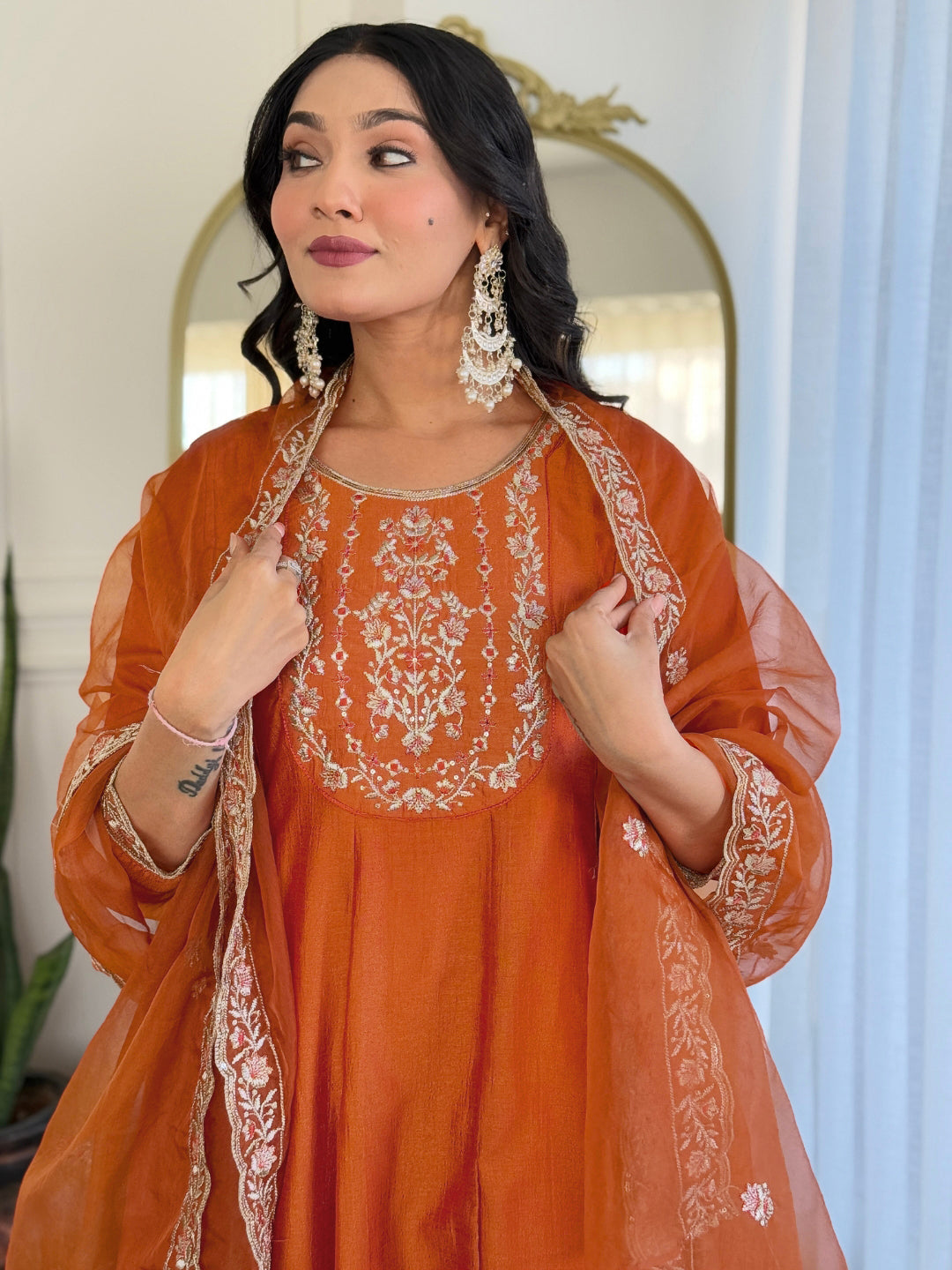 Rust Orange Silk Embroidered Flared Anarkali Kurta Set