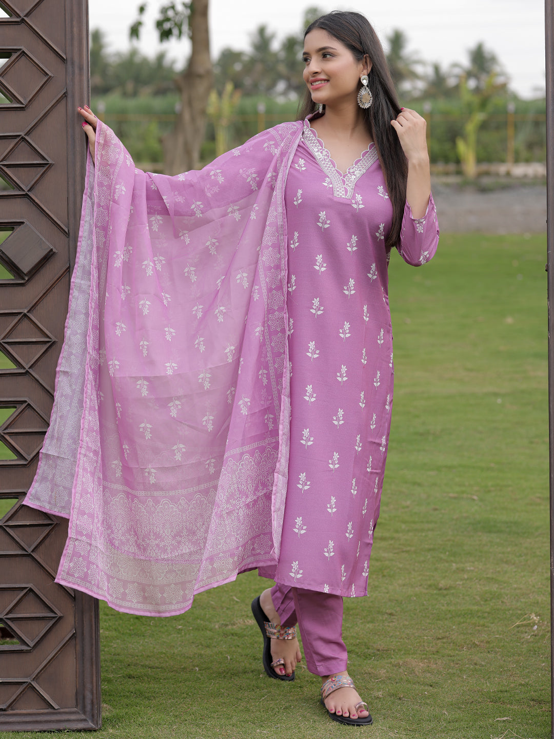 Mauve Cotton Embroidered Kurta Pant Set