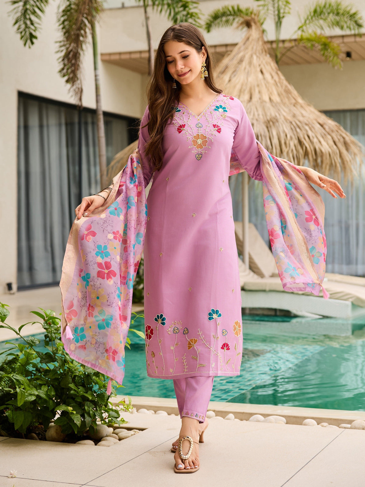 Blush Pink Viscose Gadhwal Embellished Kurta, Pant & Dupatta Ensemble
