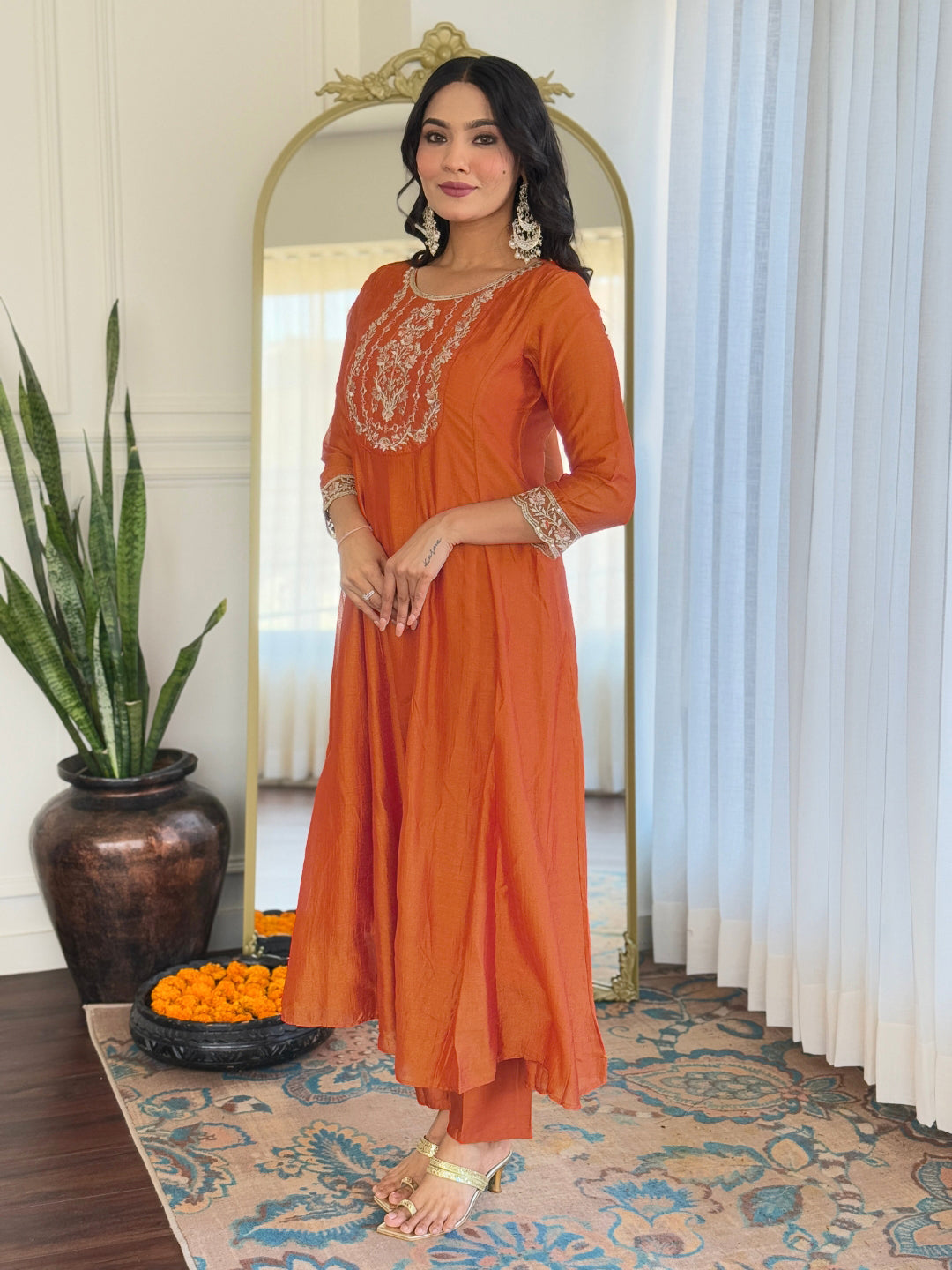 Rust Orange Silk Embroidered Flared Anarkali Kurta Set