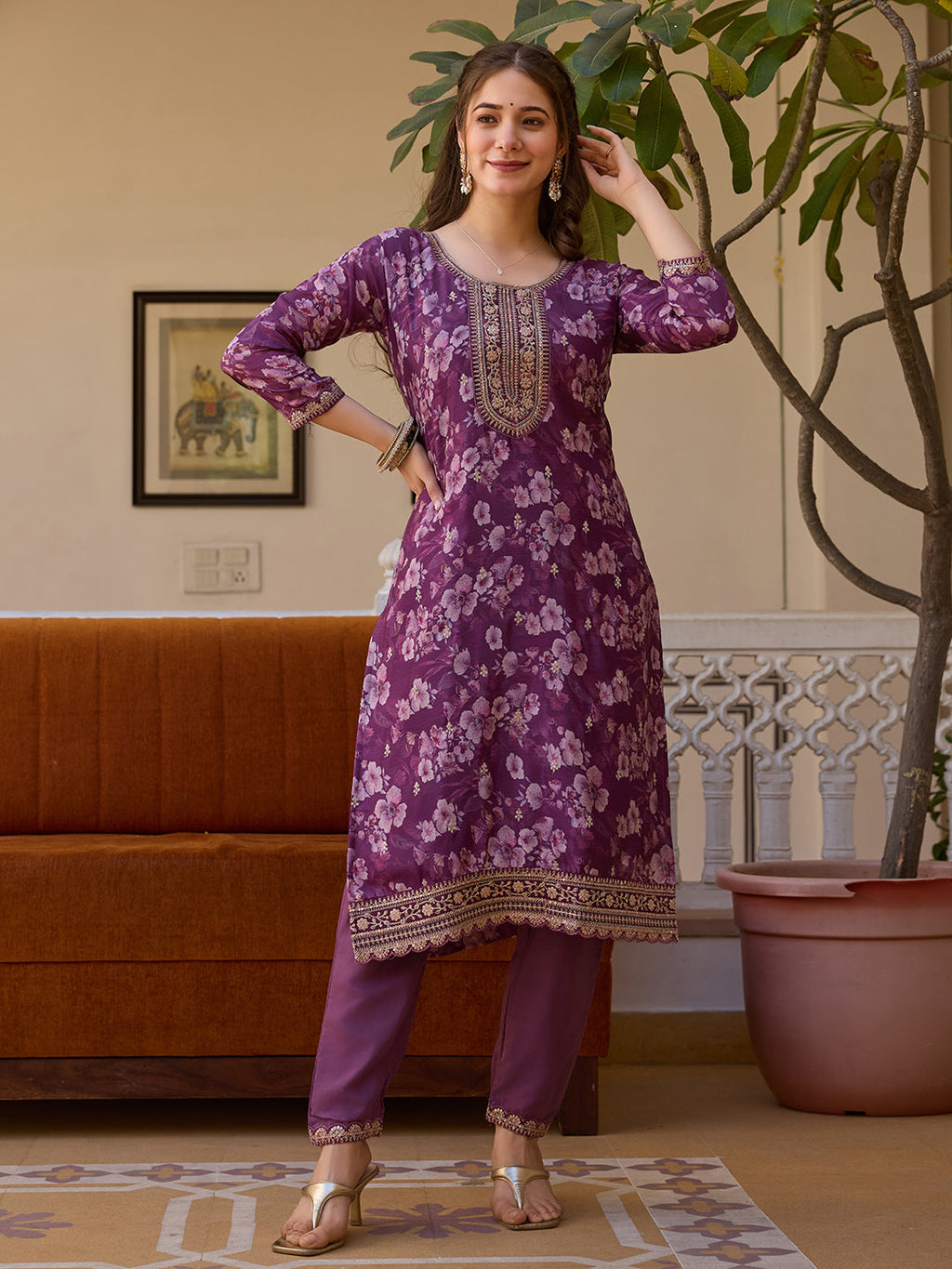 Purple Floral Printed Suit Sets