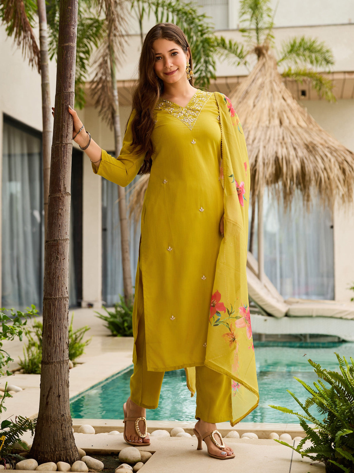 Olive Lime Green Embroidered Suit Sets