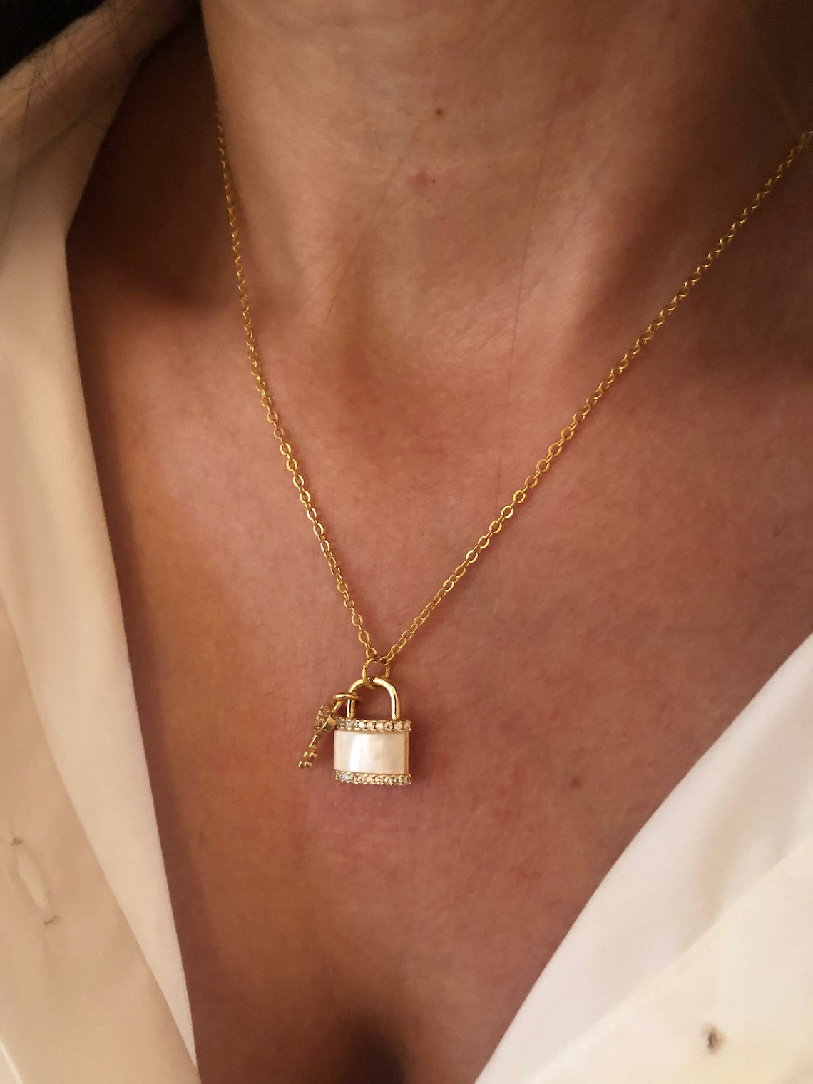 Tiny White Lock key Necklace