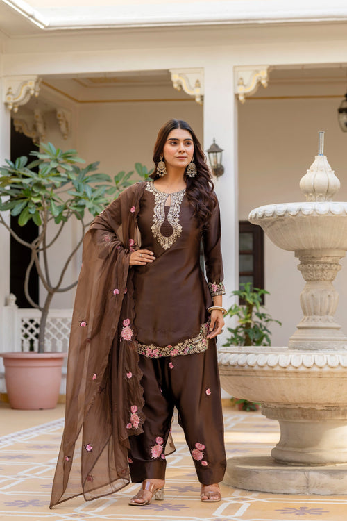 Coffee Embellished Designer Suit Ensemble