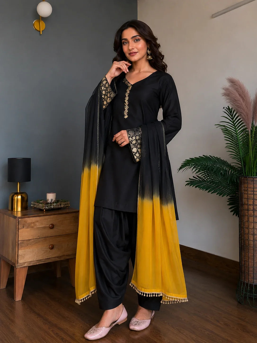 Graceful Black Embellished Farshi Kurta Ensemble