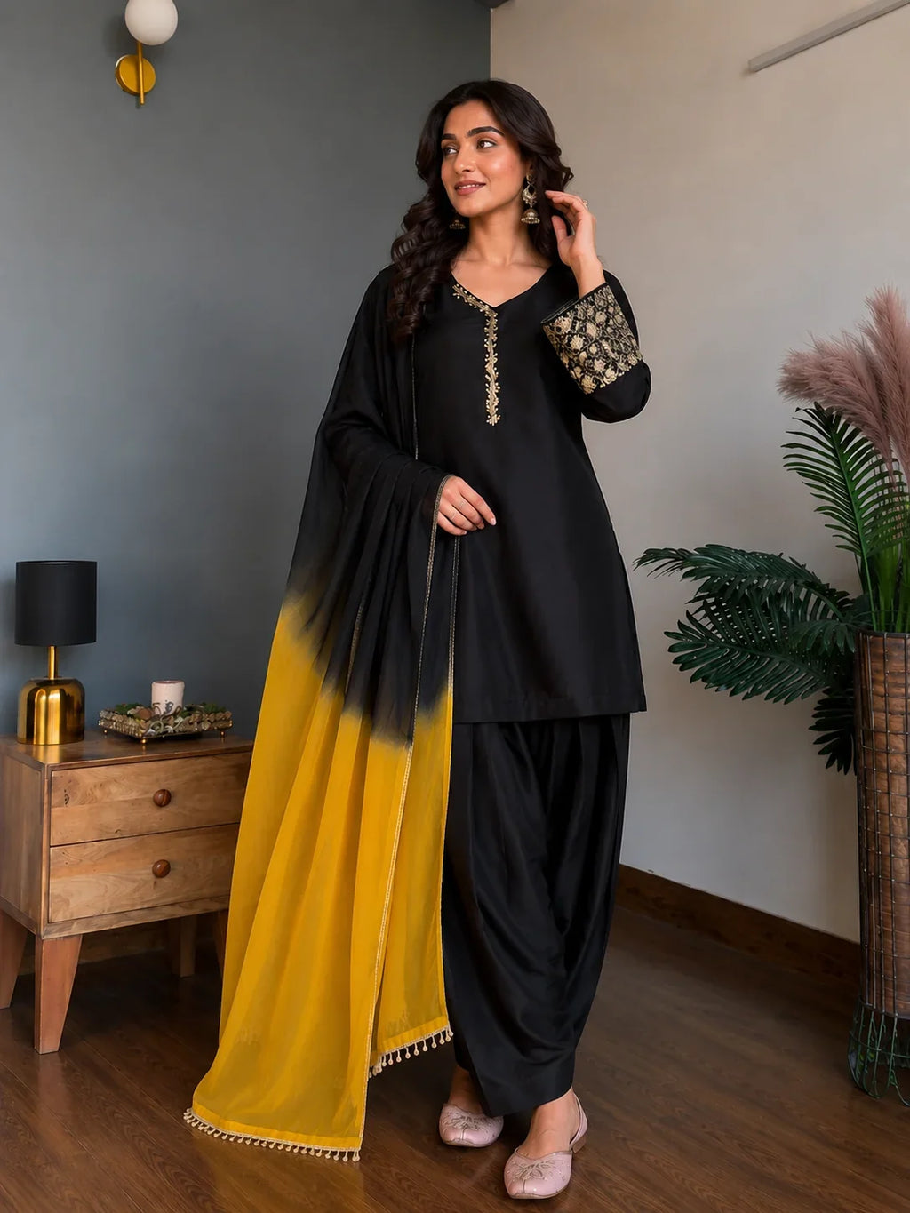 Black Jacquard Work Embroidered Farshi Kurta Set