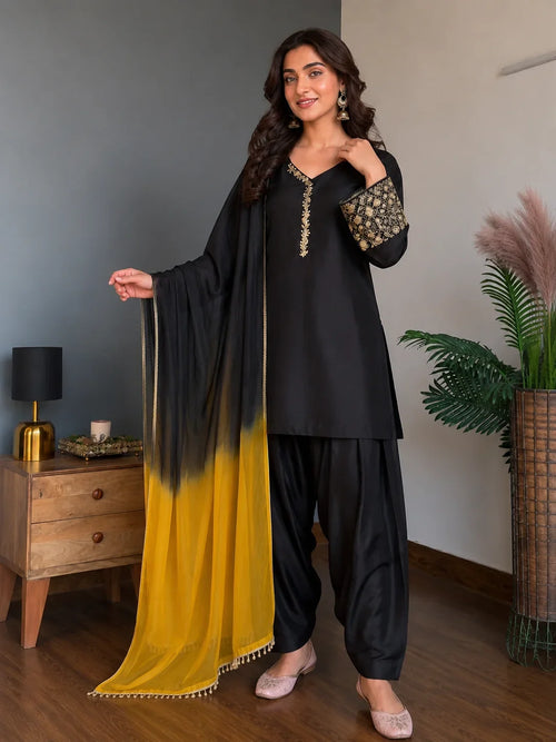 Black Jacquard Work Embroidered Farshi Kurta Set