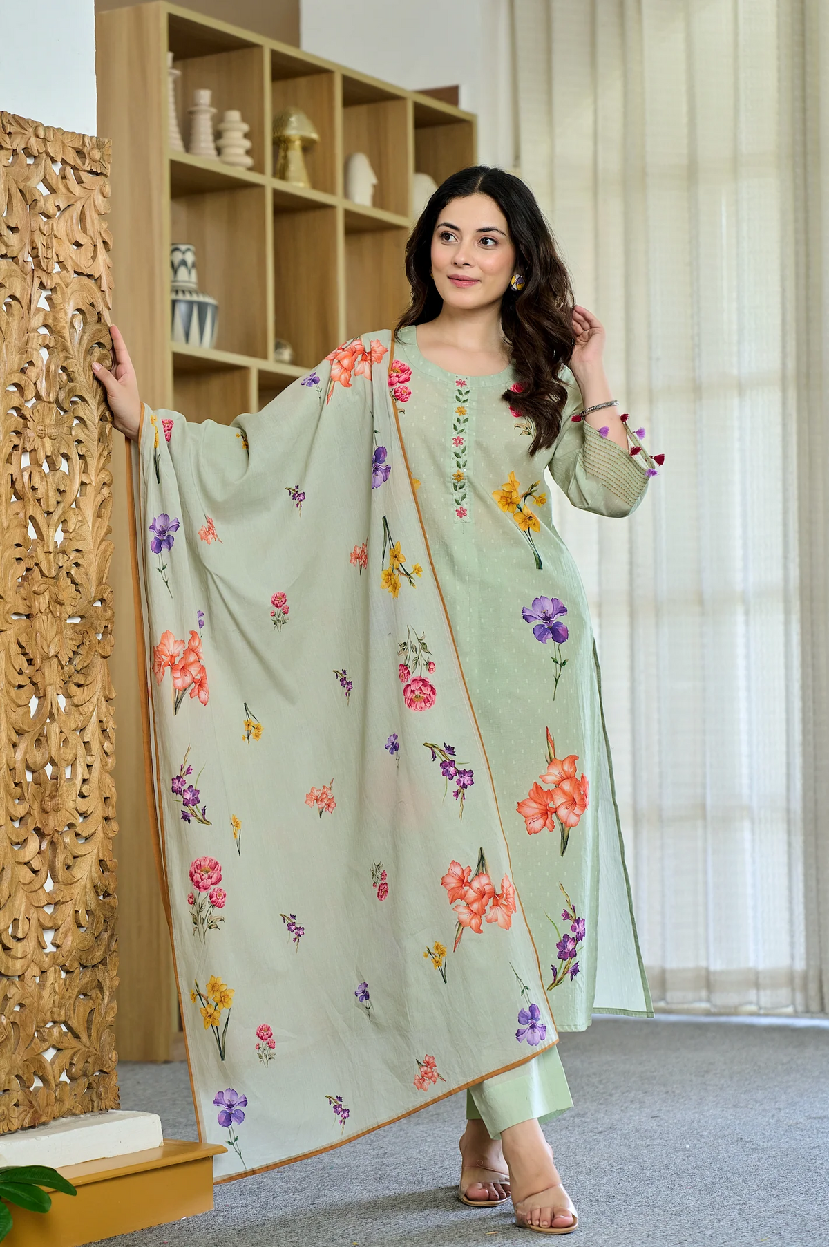Pista Chanderi Butti Printed Kurti Set