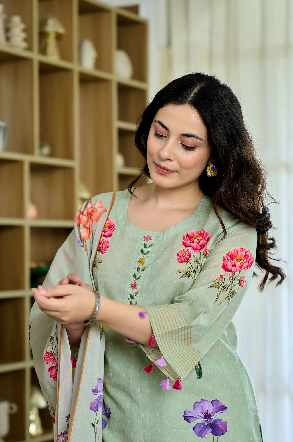 Pista Chanderi Butti Printed Kurti Set