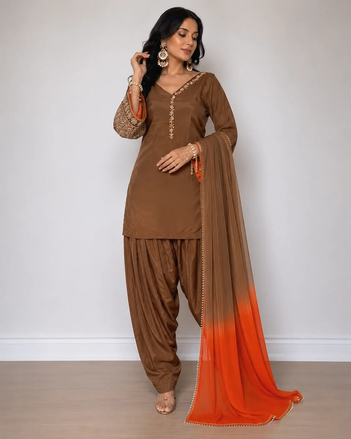 Brown Jacquard Work Embroidered Farshi Kurta Set