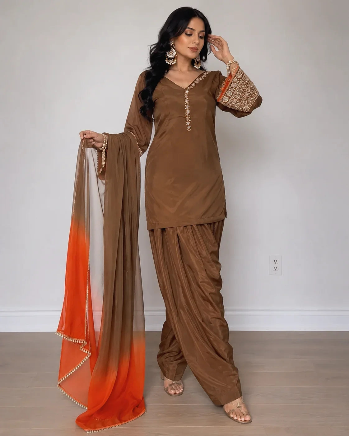 Brown Jacquard Work Embroidered Farshi Kurta Set