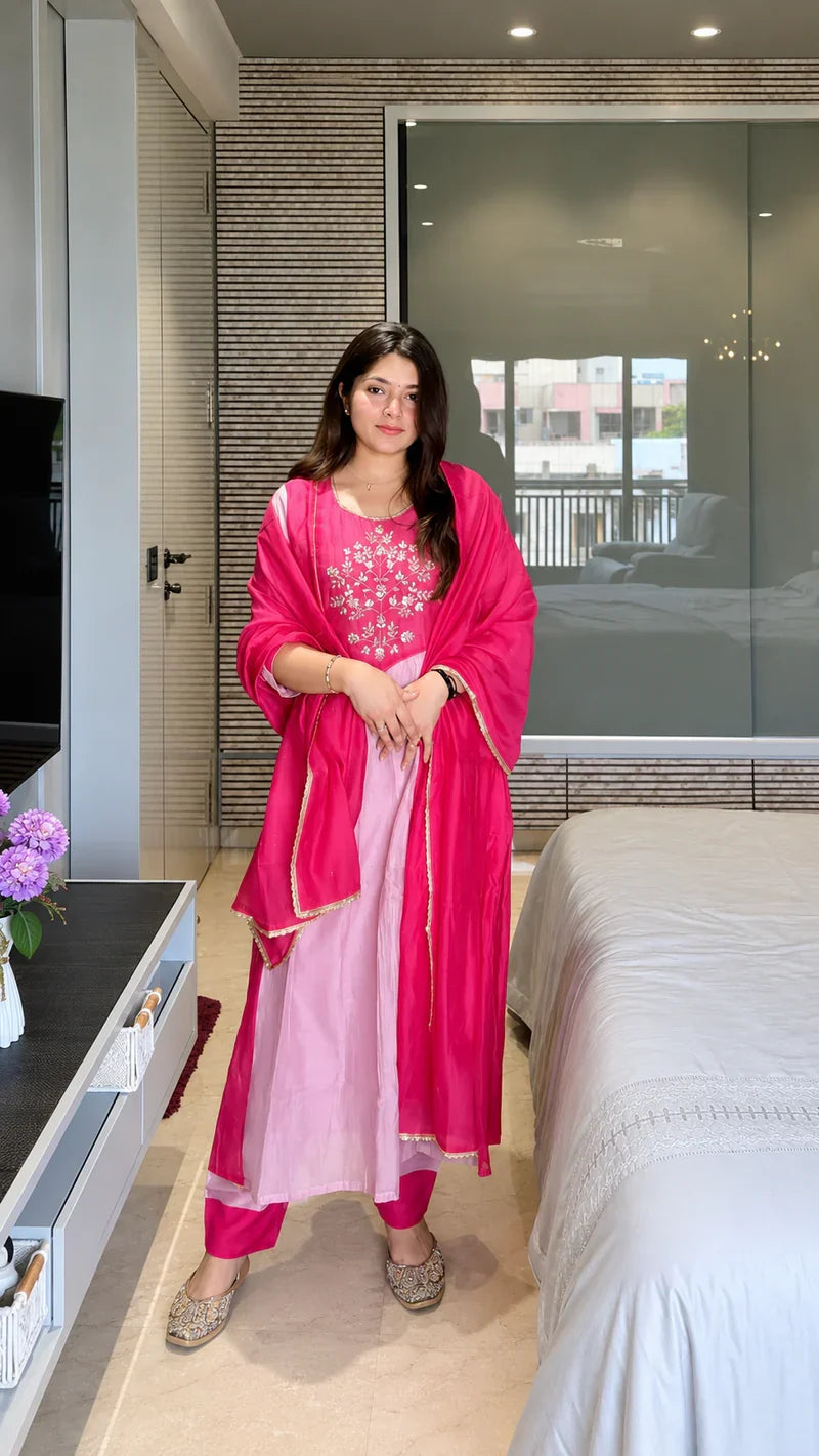 Pink Embellished Mul Chanderi Suit Ensemble