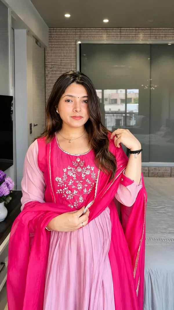 Pink Embellished Mul Chanderi Suit Ensemble