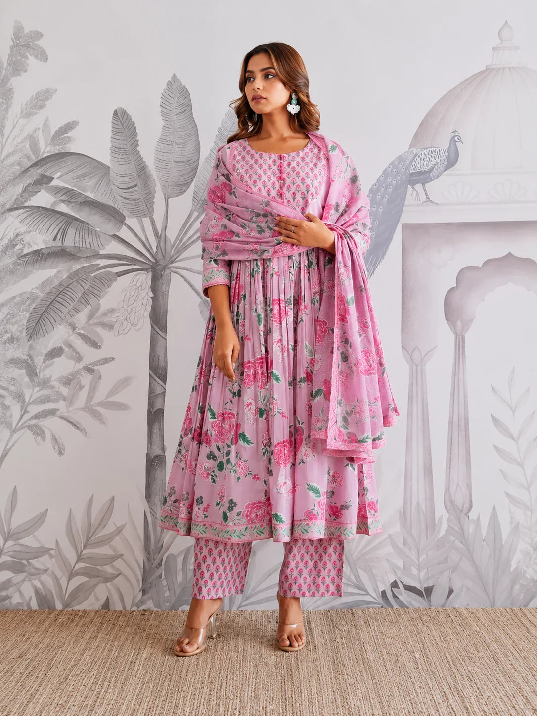 Pink Botanical Jaipuri Cotton Flared Anarkali Suit Ensemble