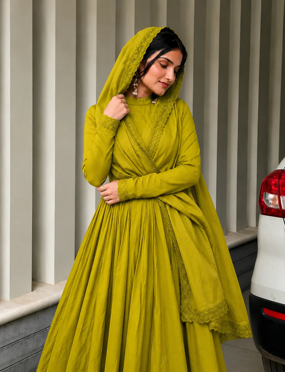 Mustard Green Embellished Anarkali Suit Ensemble for Women