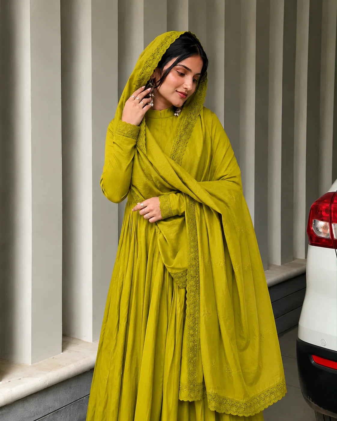 Mustard Green Embellished Anarkali Suit Ensemble for Women
