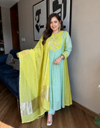 Emerald Green & Lime Yellow Embellished Anarkali Suit Ensemble
